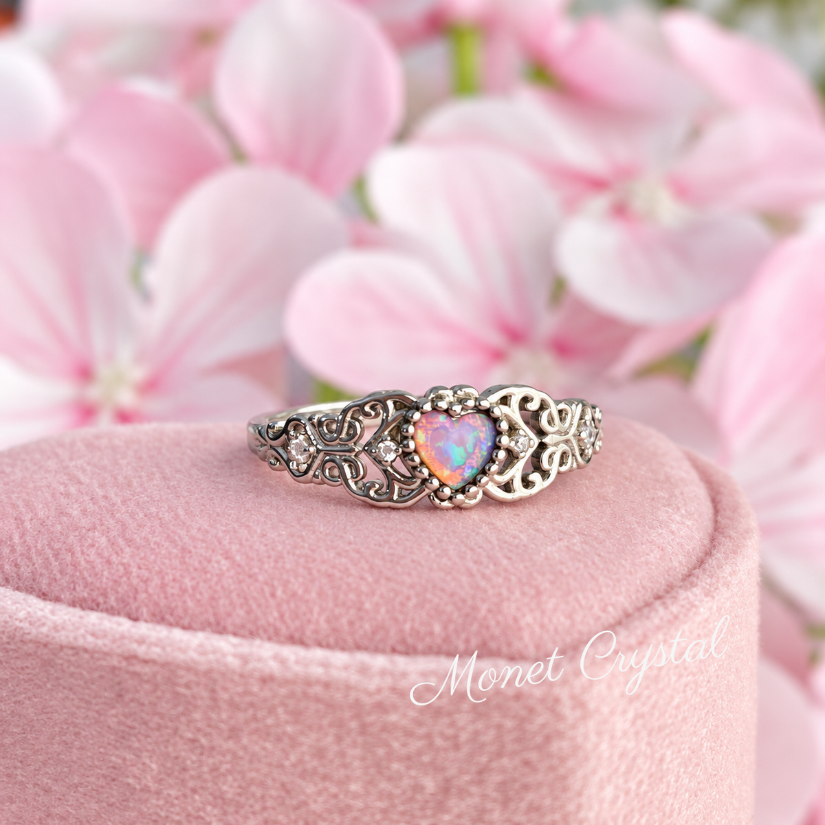“Opal Lace” White Gold Plated S925 Sterling Silver Pink Opal Filigree Ring