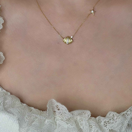 "Orange Ocean" 925 Sterling Gold-Plated Diamond-Row Shell-Star Necklace – Low-Luxury & Coastal Chic