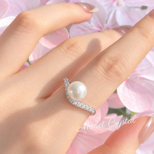 “Pearl Arc” White Gold Plated S925 Sterling Silver Pearl Zircon Ring