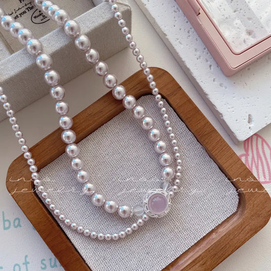 "Pink Waltz" Dual-Layer Chalcedony & Pearl Necklace