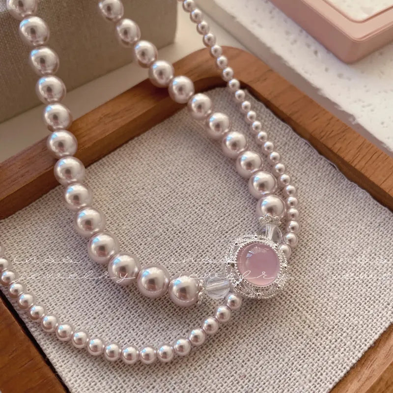 "Pink Waltz" Dual-Layer Chalcedony & Pearl Necklace