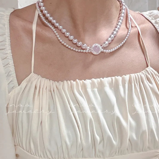"Pink Waltz" Dual-Layer Chalcedony & Pearl Necklace