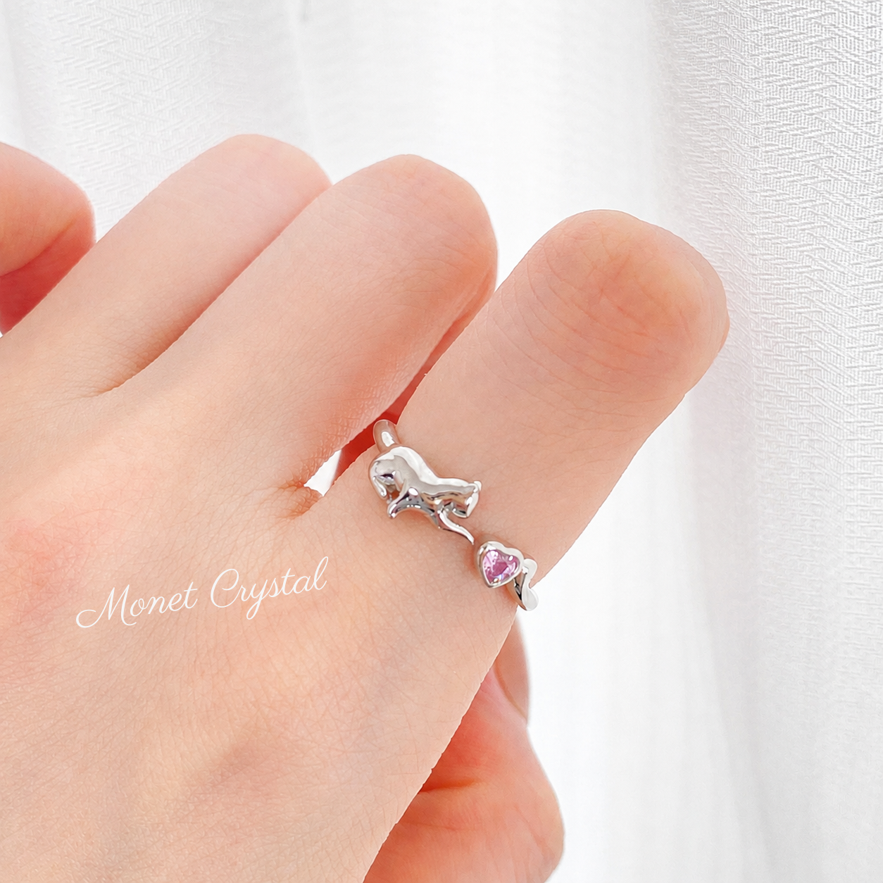 "Playful Kitty" 925 Sterling Silver Open Ring – Gold & Silver, Pink Zircon Heart