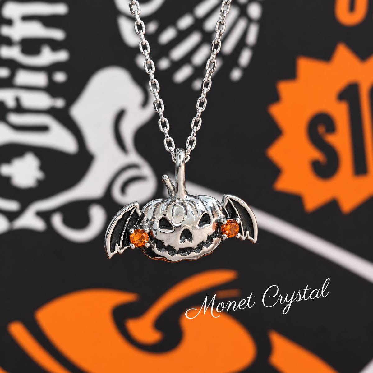 “Pumpkin Flight” S925 Sterling Silver Flying Pumpkin Enamel Necklace