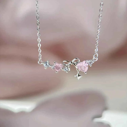 "Romantic Heartbeat" 925 Sterling Silver Pink Heart Bow Necklace – Delicate & Gift-Ready