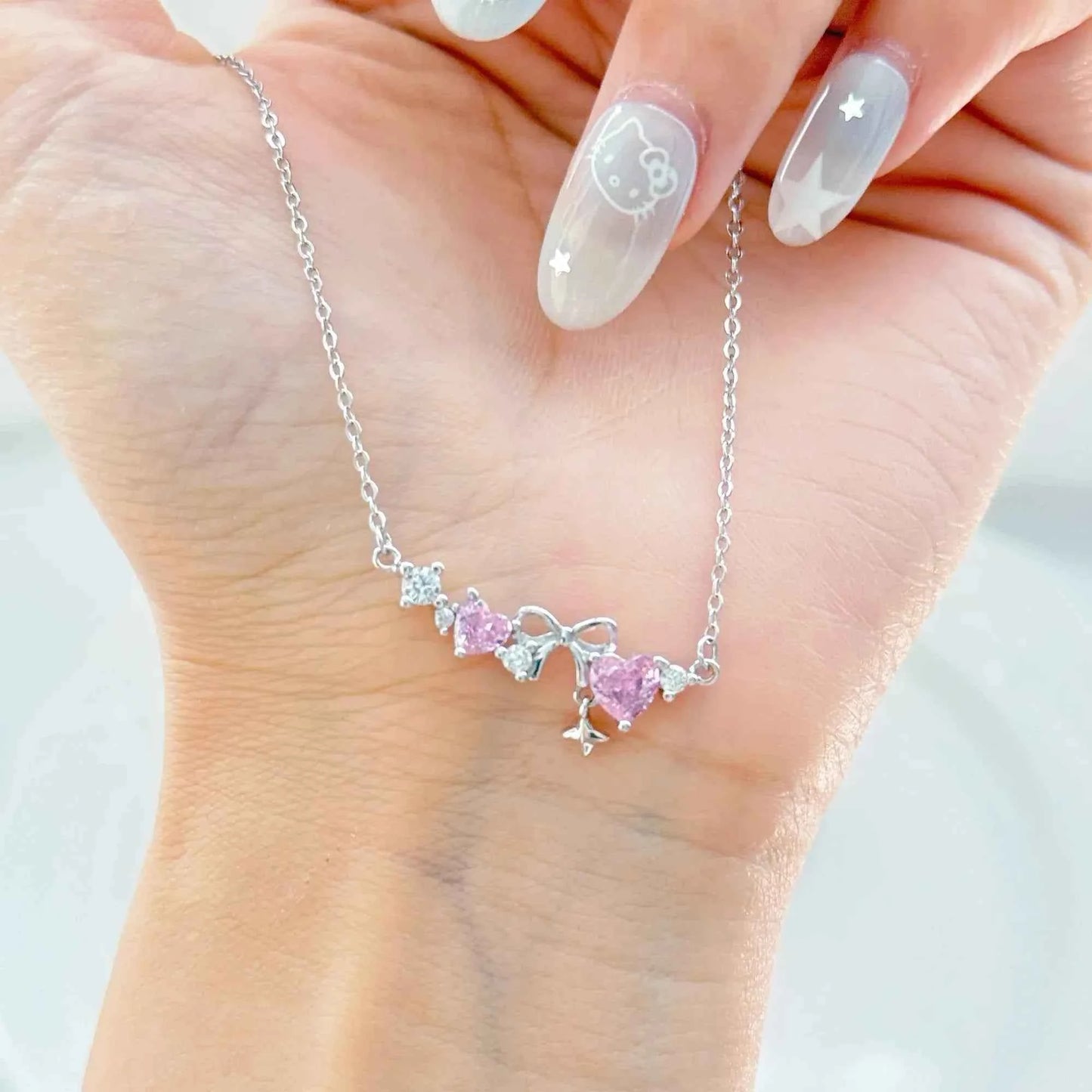 "Romantic Heartbeat" 925 Sterling Silver Pink Heart Bow Necklace – Delicate & Gift-Ready