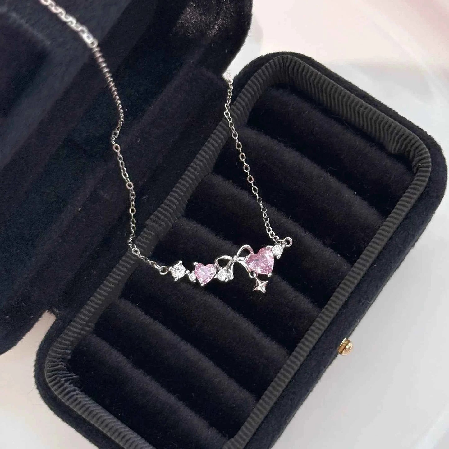 "Romantic Heartbeat" 925 Sterling Silver Pink Heart Bow Necklace – Delicate & Gift-Ready