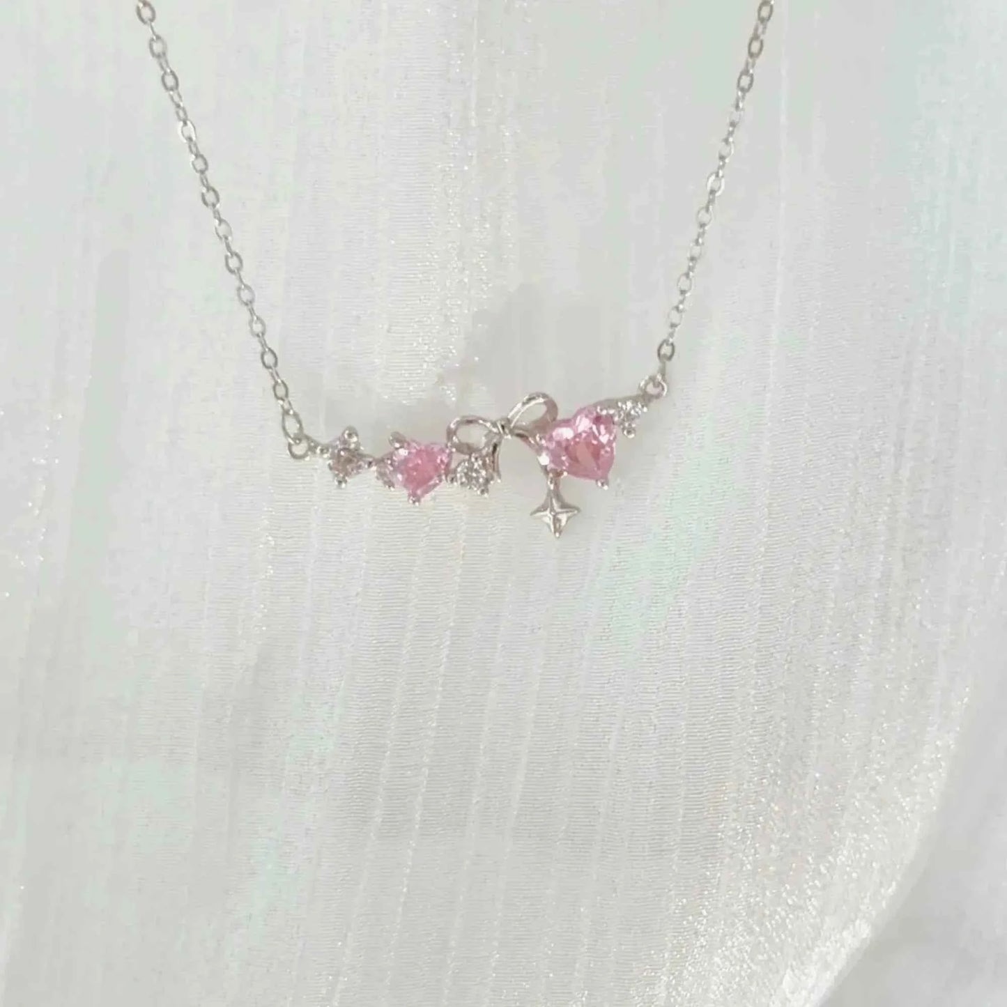 "Romantic Heartbeat" 925 Sterling Silver Pink Heart Bow Necklace – Delicate & Gift-Ready