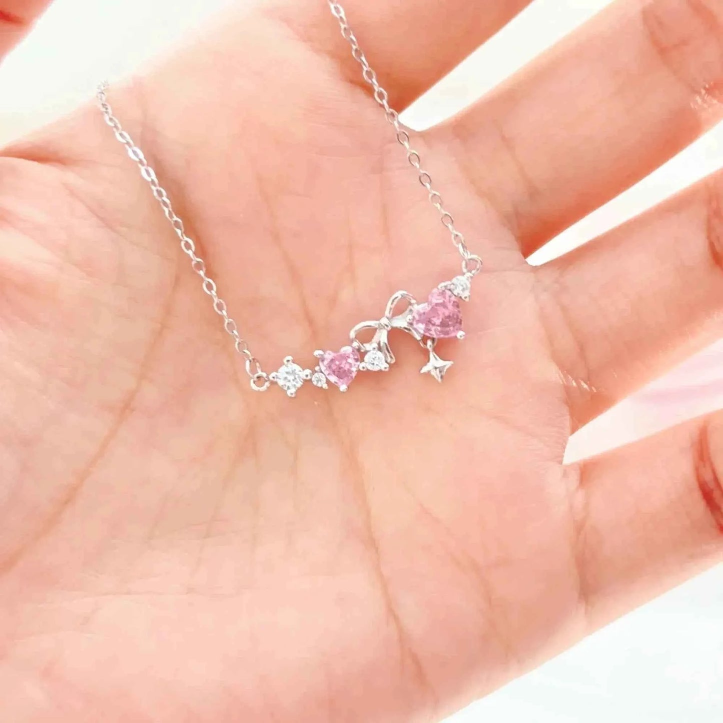 "Romantic Heartbeat" 925 Sterling Silver Pink Heart Bow Necklace – Delicate & Gift-Ready
