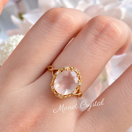 “Rose Trellis” Champagne Gold Plated S925 Sterling Silver Natural Rose Quartz Ring