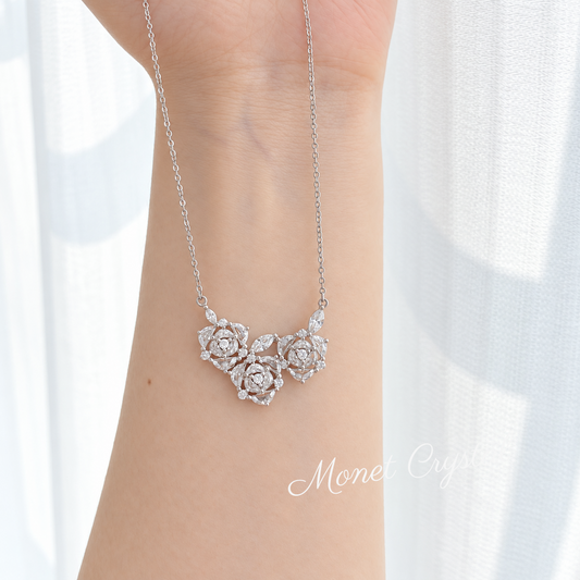 “Rose Trio” S925 Sterling Silver Zircon Rose Necklace