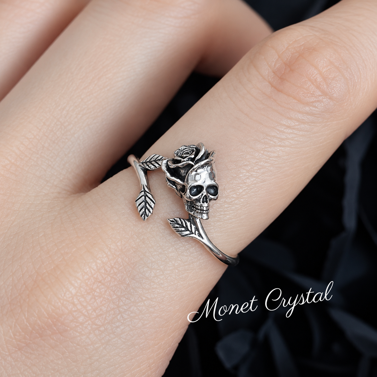 “Rose & Bone” Oxidized S925 Sterling Silver Skull Rose Adjustable Ring