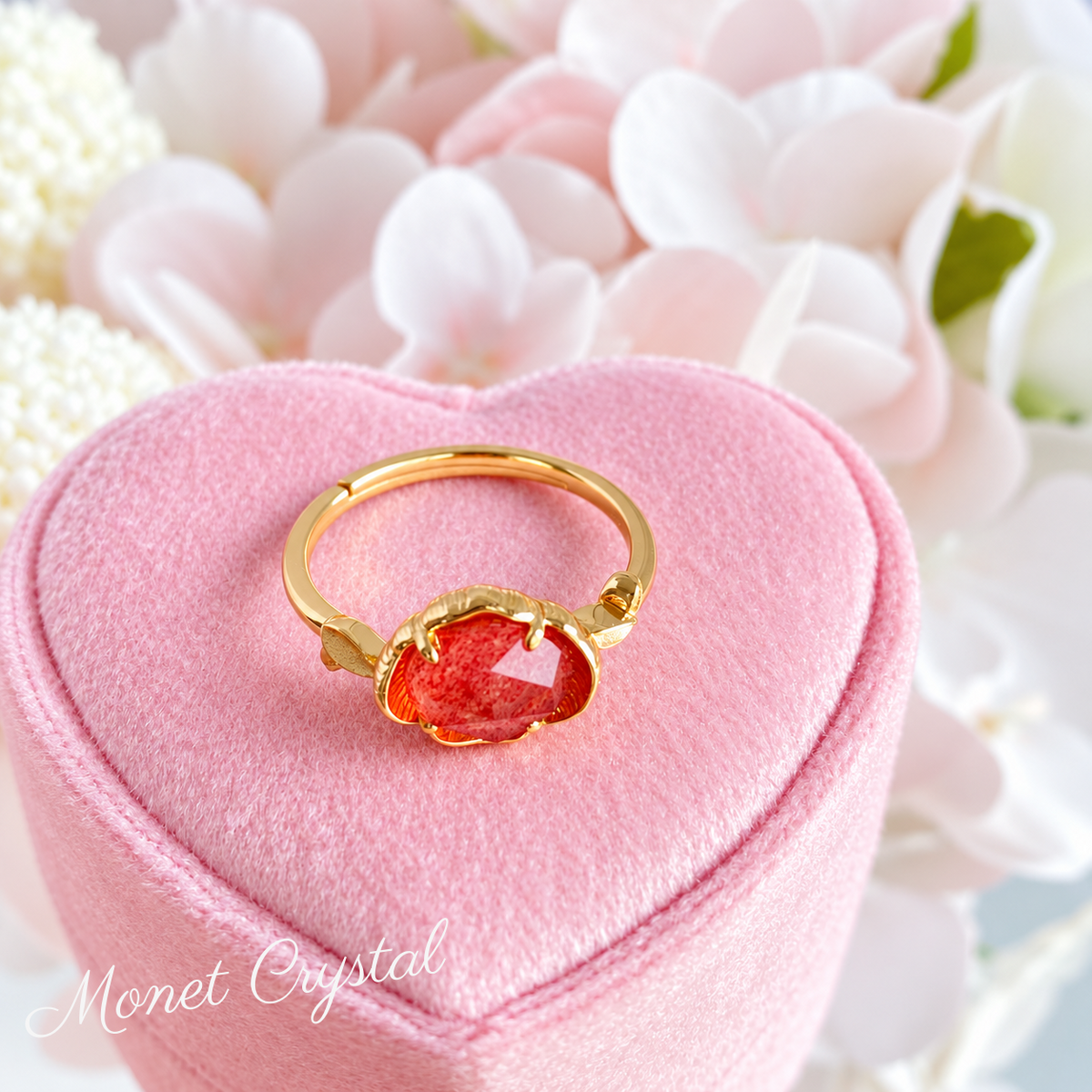 “Rosebud” Champagne Gold Plated S925 Sterling Silver Strawberry Quartz Ring