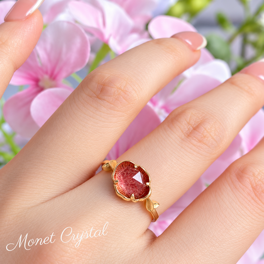 “Rosebud” Champagne Gold Plated S925 Sterling Silver Strawberry Quartz Ring