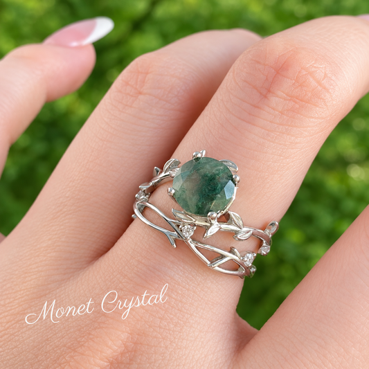 “Secret Grove” White Gold Plated S925 Sterling Silver Moss Agate Stacking Ring Set