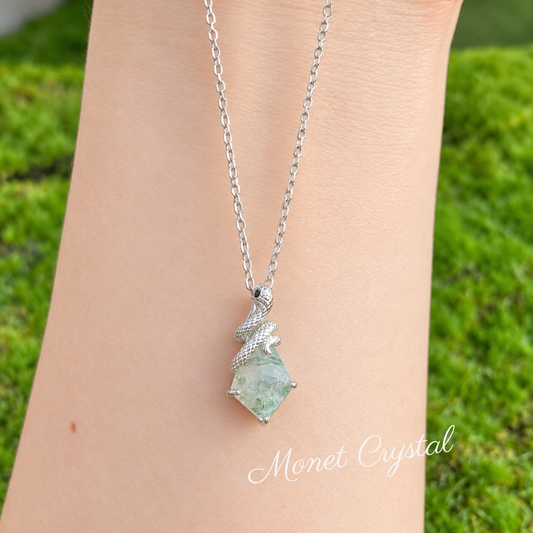 “Serpent Veil” White Gold Plated S925 Sterling Silver Moss Agate Necklace