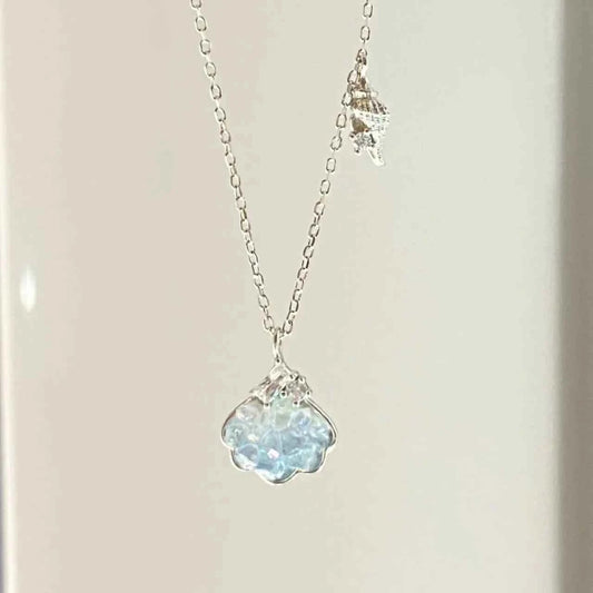 "Shattered Ice Elegance" 925 Sterling Silver Shell Necklace with Crystal - Cool, Chic, and Timeless