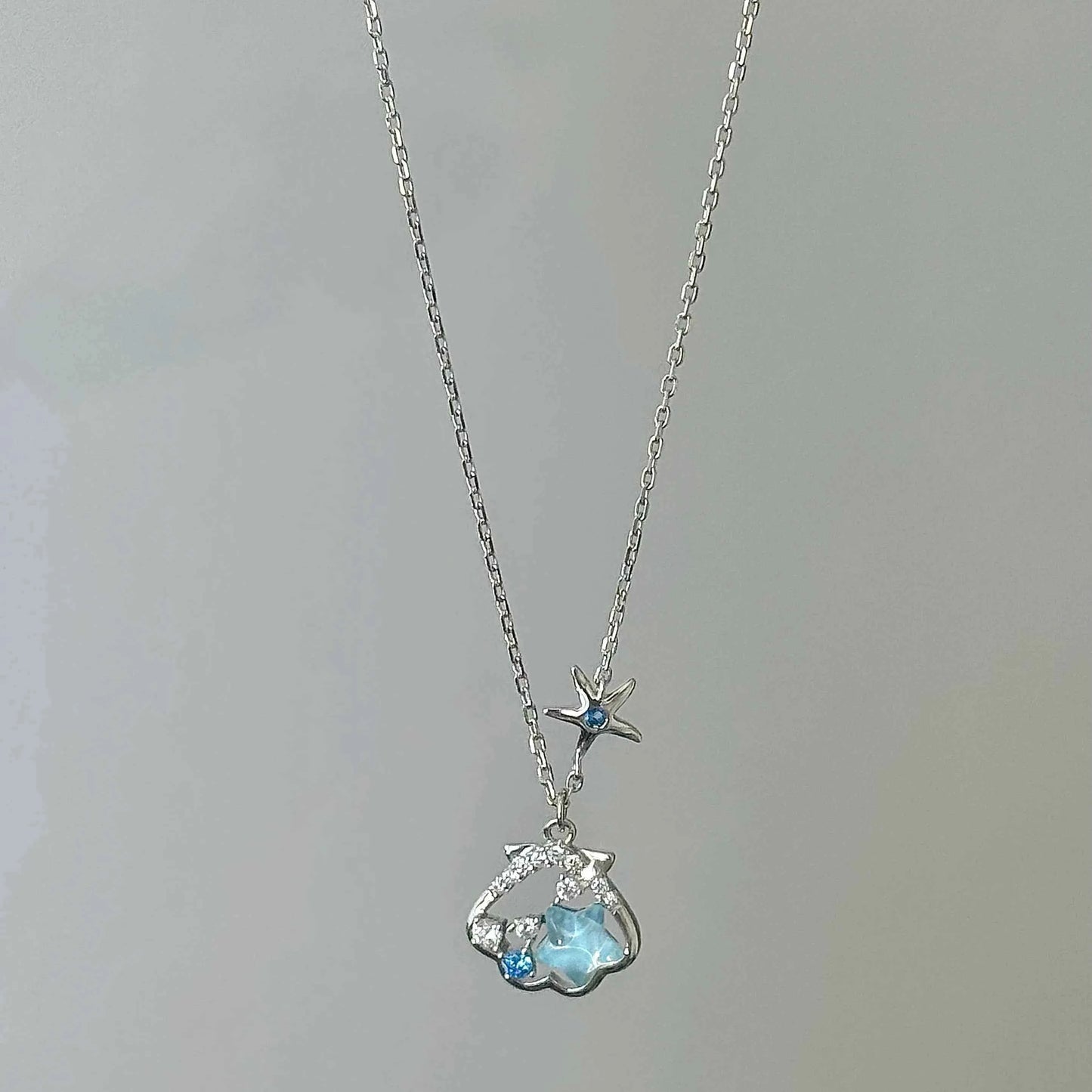 "Starlight Shell" 925 Sterling Silver Necklace - Dreamy Blue Starfish and Shell Design