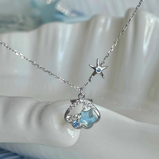 "Starlight Shell" 925 Sterling Silver Necklace - Dreamy Blue Starfish and Shell Design
