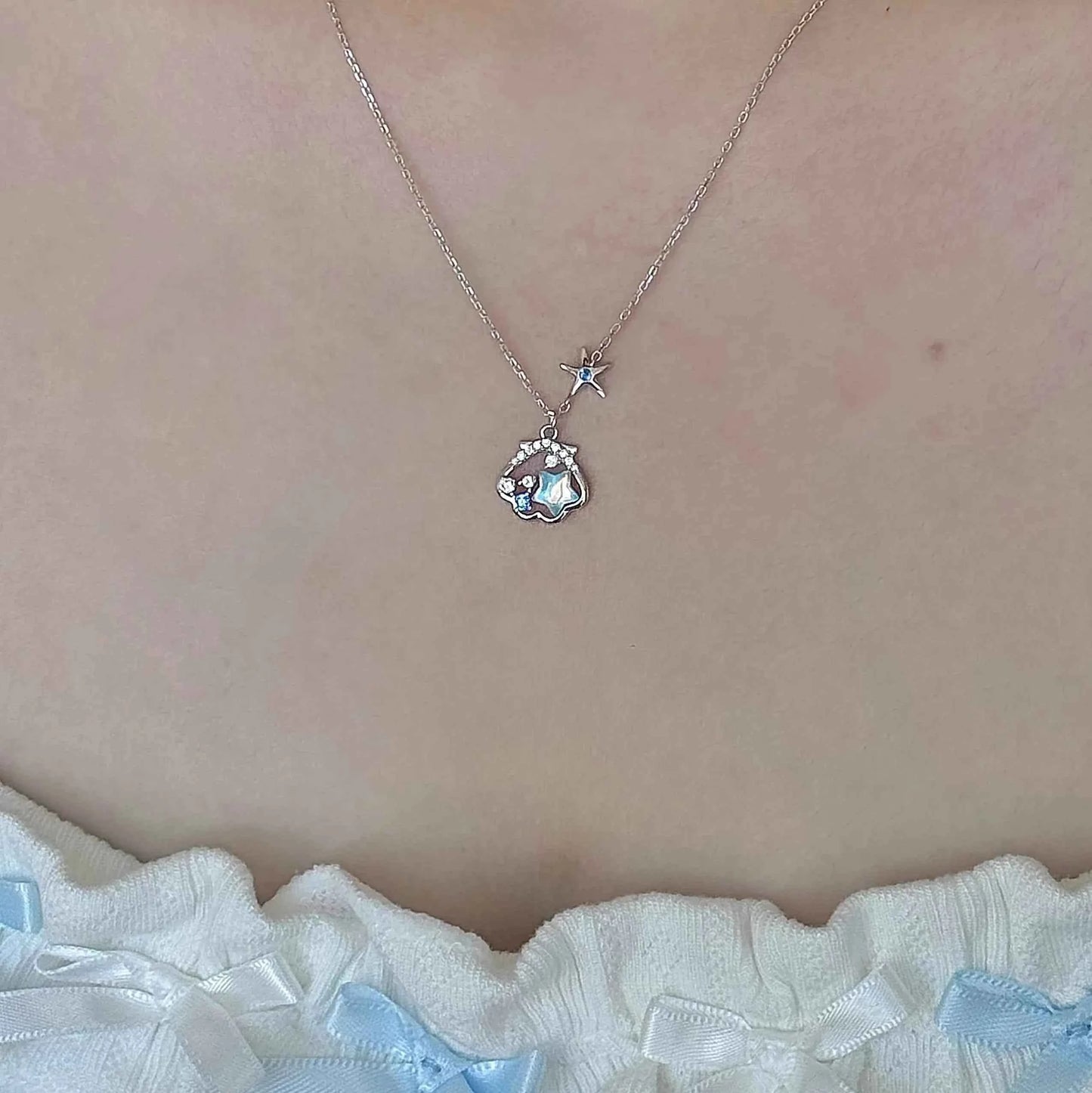 "Starlight Shell" 925 Sterling Silver Necklace - Dreamy Blue Starfish and Shell Design