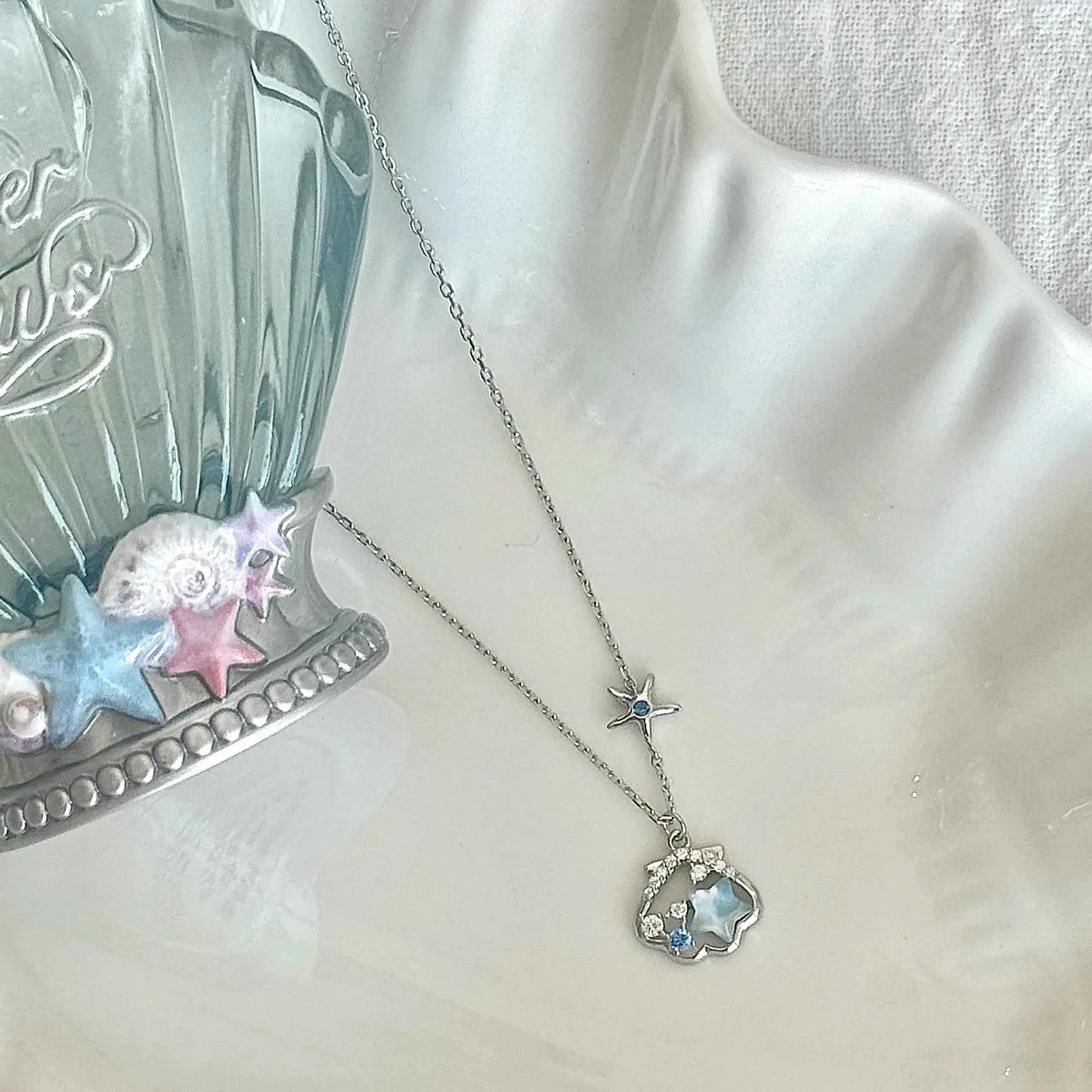 "Starlight Shell" 925 Sterling Silver Necklace - Dreamy Blue Starfish and Shell Design
