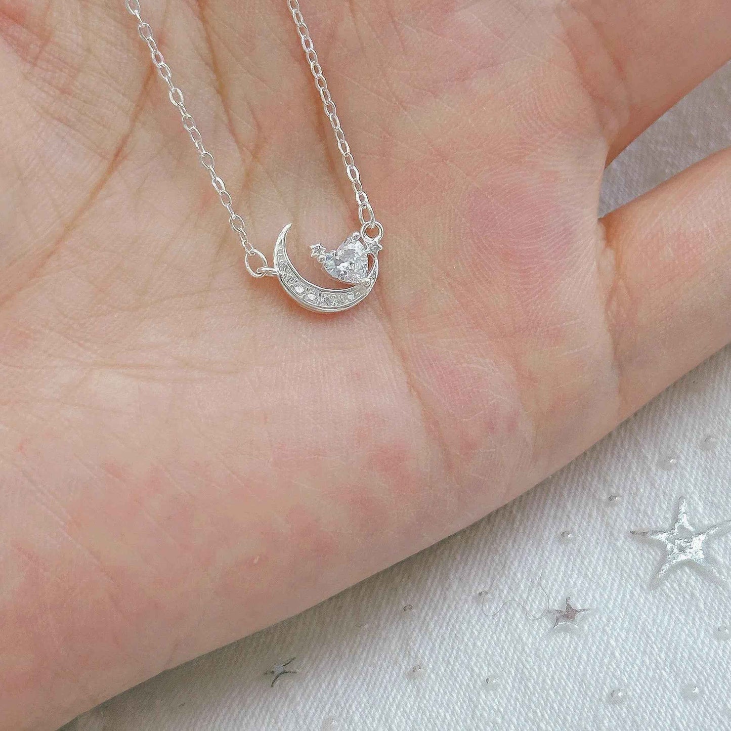 "Night Dream Starlight" 999 Pure Silver Heart and Moon Necklace - Dreamy and Elegant