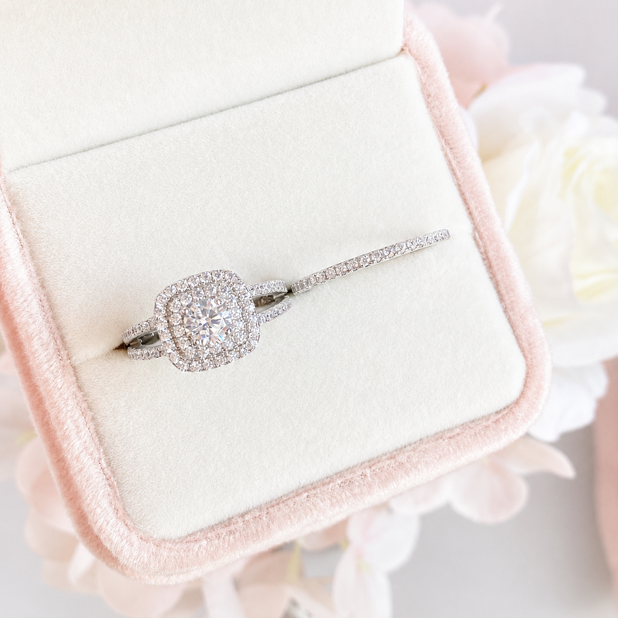 “Sugar Halo” White Gold Plated S925 Sterling Silver Zircon Stacking Ring Set