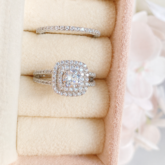 “Sugar Halo” White Gold Plated S925 Sterling Silver Zircon Stacking Ring Set