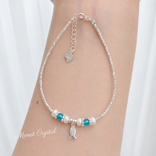 "This Little Fish Cares" 925 Sterling Silver Chunky-Link Bracelet – Aquamarine & Pearl Whisper