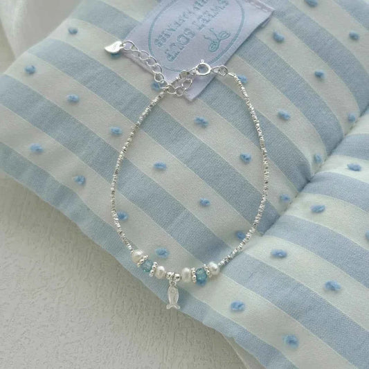 "This Little Fish Cares" 925 Sterling Silver Chunky-Link Bracelet – Aquamarine & Pearl Whisper