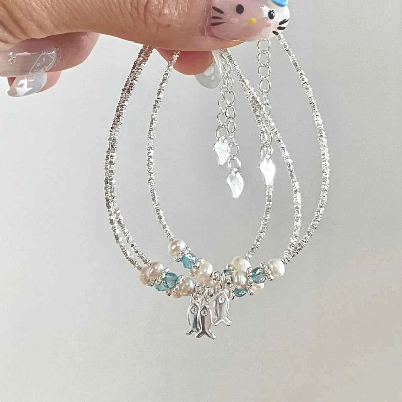 "This Little Fish Cares" 925 Sterling Silver Chunky-Link Bracelet – Aquamarine & Pearl Whisper