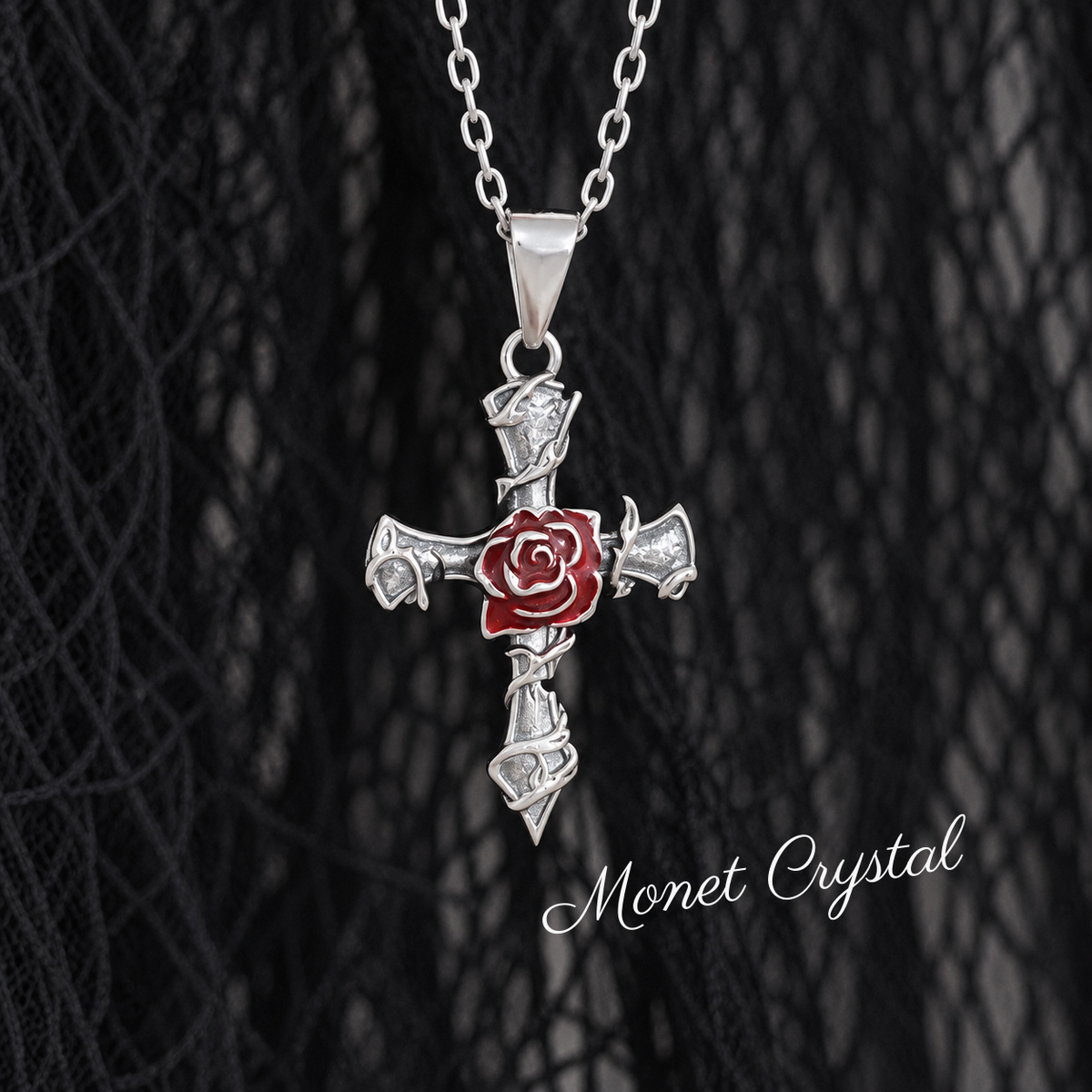 “Thorned Rose” S925 Sterling Silver Rose & Thorn Cross Necklace