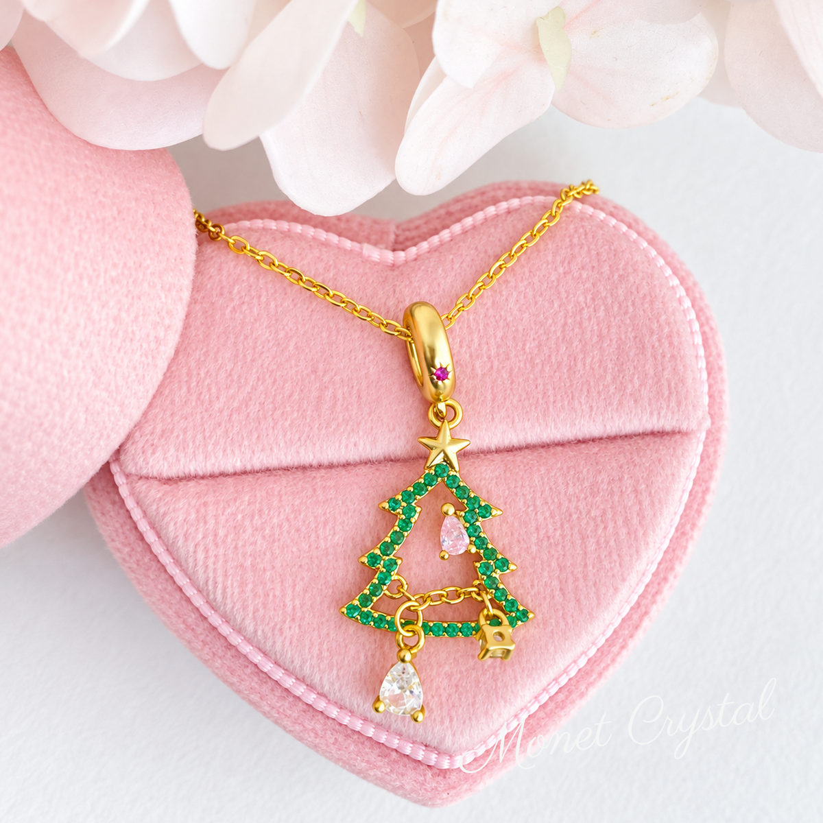 “Trim the Tree” Gold-Tone S925 Sterling Silver Zircon Christmas Tree Necklace