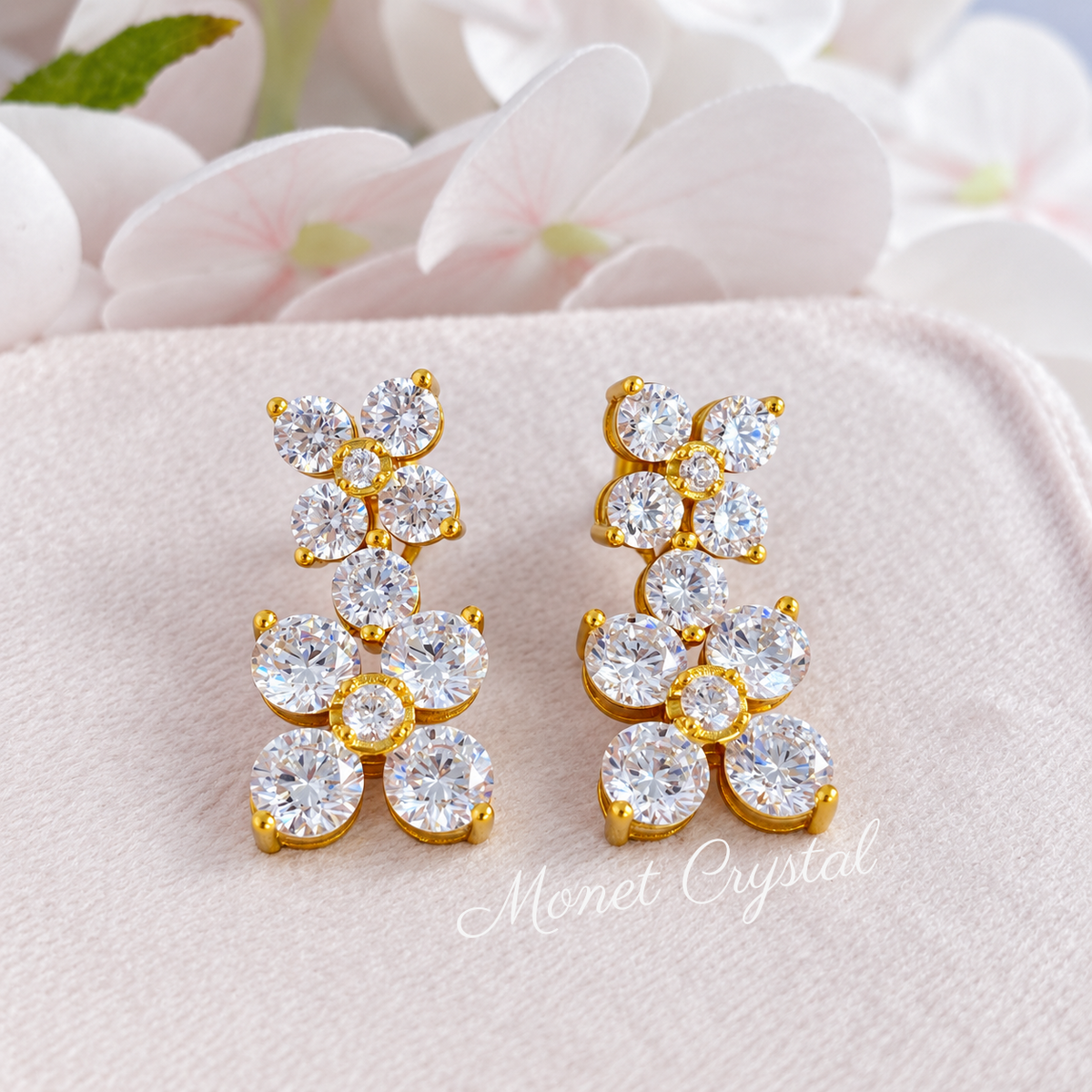 “Twin Blossoms” S925 Sterling Silver Floral Drop Earrings