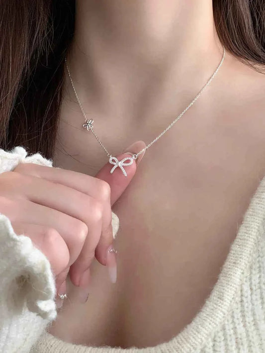 "Ultra-Glam Bow" 925 Sterling Silver Bow Necklace with 5A Zircon – Luxe, Dainty, Statement
