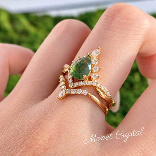 “Verdant Halo” S925 Sterling Silver Natural Moss Agate Ring Set