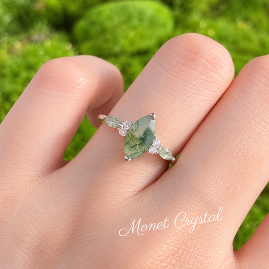 “Verdant Muse” S925 Sterling Silver Marquise Moss Agate Ring