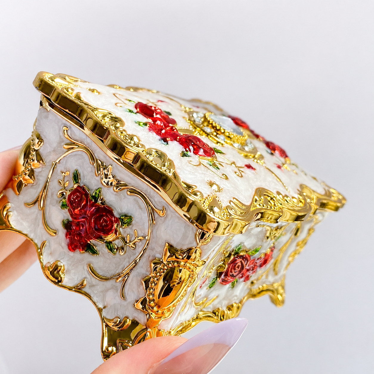 Versailles Rose Palace Jewelry Box – Vintage Enamel & Rhinestone Trinket Case