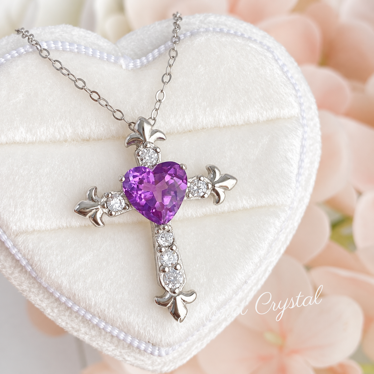 “Violet Devotion” S925 Sterling Silver Natural Amethyst Heart Cross Necklace