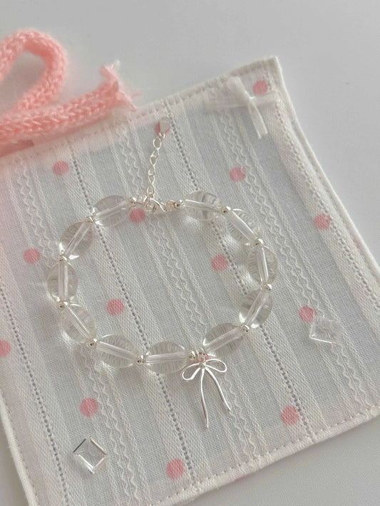 "White lce Crystal" 925 Sterling Silver Bowknot WhiteCrystal Bead Bracelet-Delicate,Pure, and Elegant.