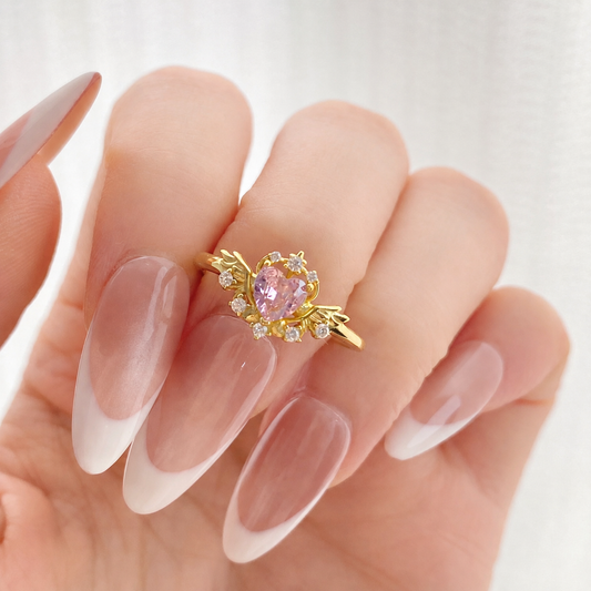 “Winged Heart” S925 Sterling Silver Pink Heart Angel Wing Adjustable Ring
