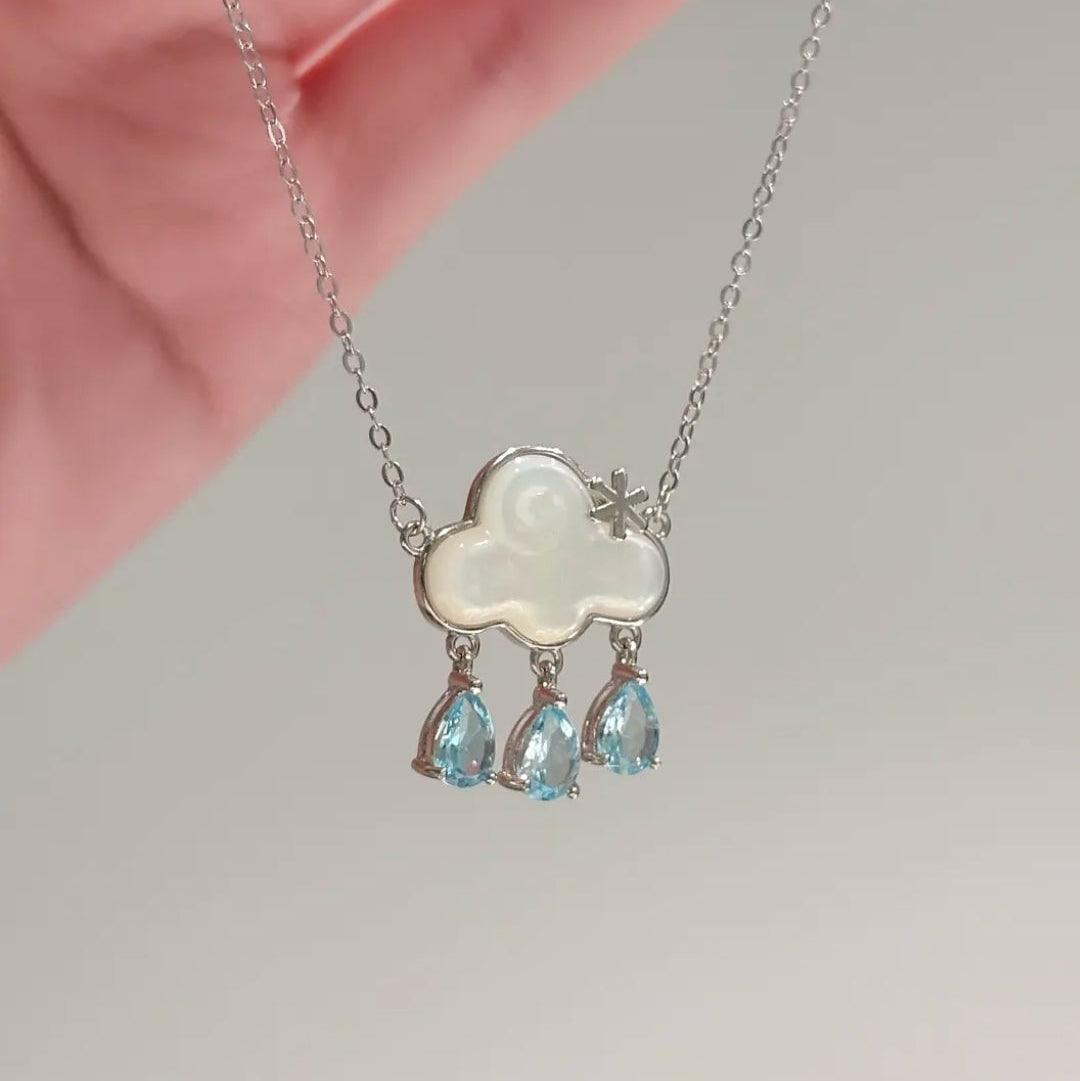 “Skydrop Cloud” S925 Sterling Silver Blue Topaz Cloud Rain Necklace
