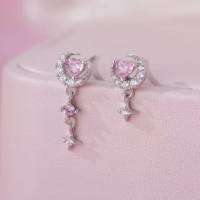 "Romantic Star River" 925 Sterling Silber Herz, Mond und Stern Halskette - Verträumt und Elegant