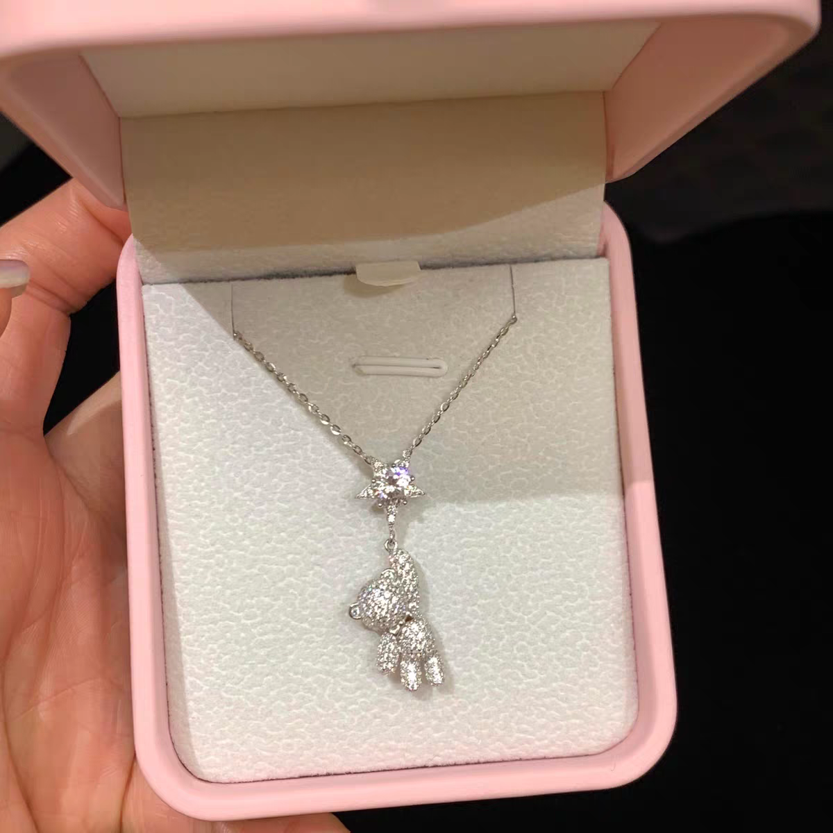 “Starry Bear Dream” 925 Sterling Silver Moissanite Teddy Bear Necklace