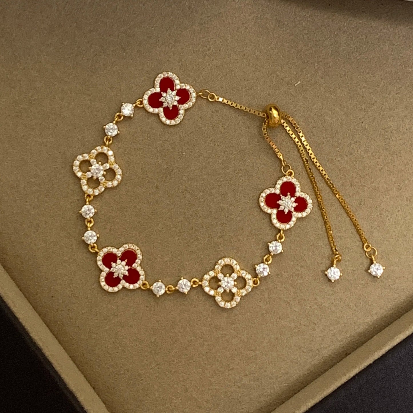 "Starlit Clover" 925 Sterling Silver Red Enamel Four-Leaf Bracelet