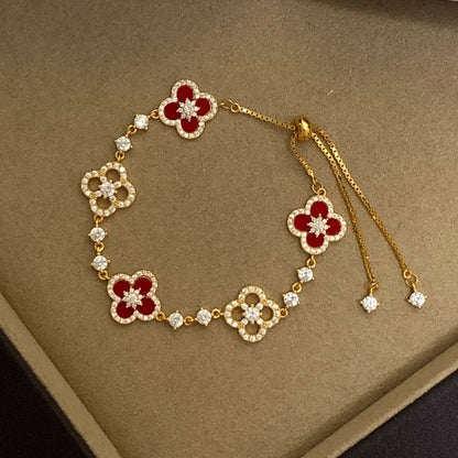 "Starlit Clover" 925 Sterling Silver Red Enamel Four-Leaf Bracelet