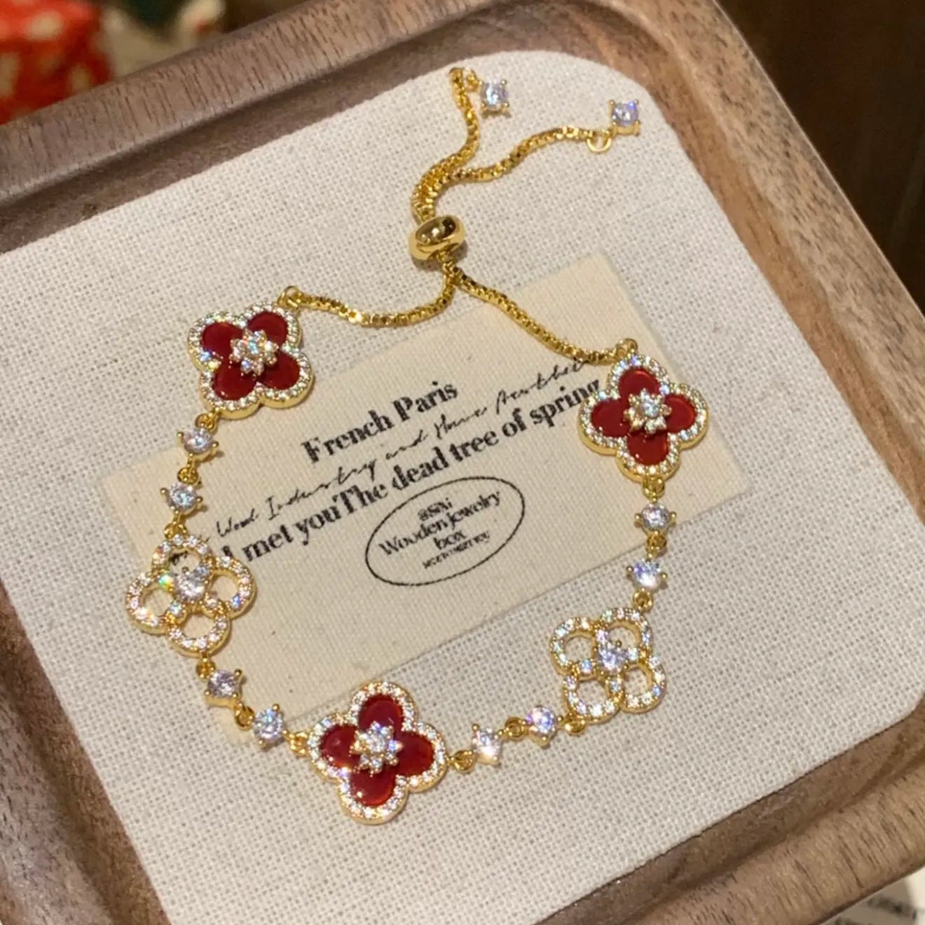 "Starlit Clover" 925 Sterling Silver Red Enamel Four-Leaf Bracelet