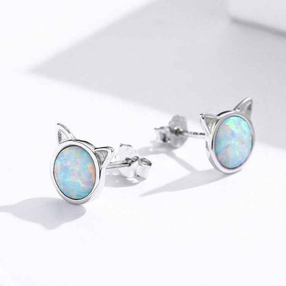 "Opal Meow" Platinum-Plated 925 Sterling Silver Cat Ear Stud Earrings – Iridescent & Adorable