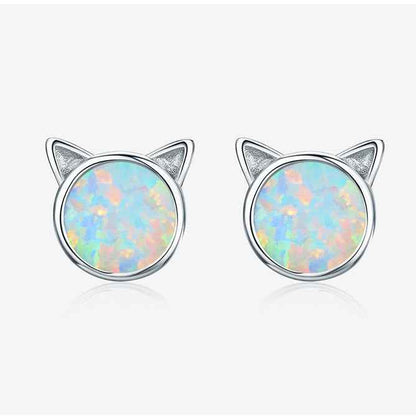 "Opal Meow" Platinum-Plated 925 Sterling Silver Cat Ear Stud Earrings – Iridescent & Adorable