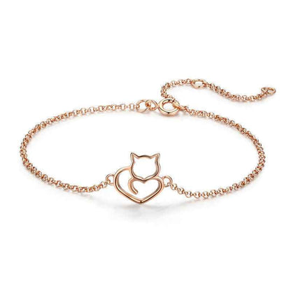 “Sweet Kitty Heart” 925 Sterling Silver Cat Heart Adjustable Bracelet
